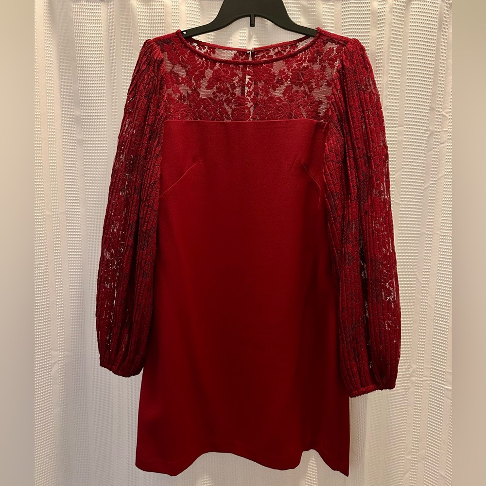 White House Black Market Crimson/WineRed Lace-Sleeve Long Sleeve Dress